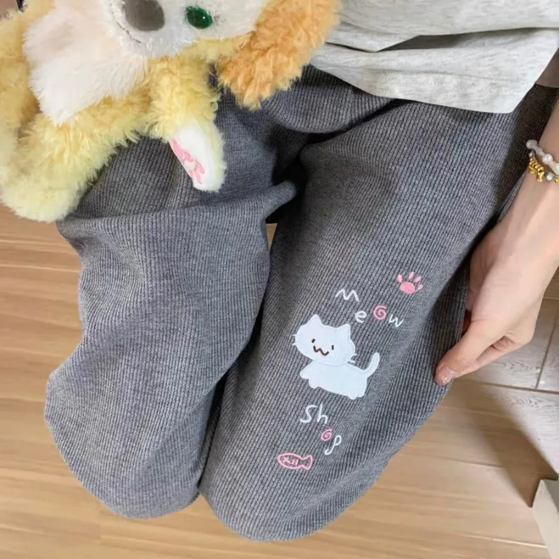 Sweatpants Women Japanese Chic Y2k Pants Cute Pantalon Femme 2025 New Bottoms Cat Embroidery Straight Tunic High Waist Trousers