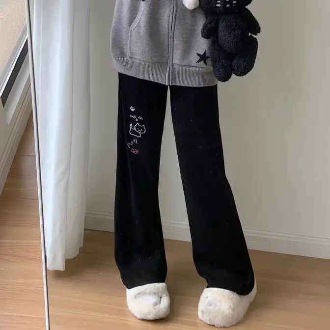 Sweatpants Women Japanese Chic Y2k Pants Cute Pantalon Femme 2025 New Bottoms Cat Embroidery Straight Tunic High Waist Trousers