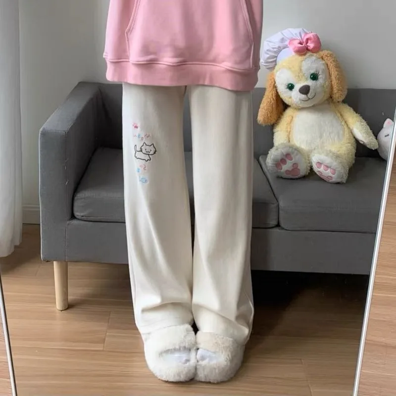 Sweatpants Women Japanese Chic Y2k Pants Cute Pantalon Femme 2025 New Bottoms Cat Embroidery Straight Tunic High Waist Trousers
