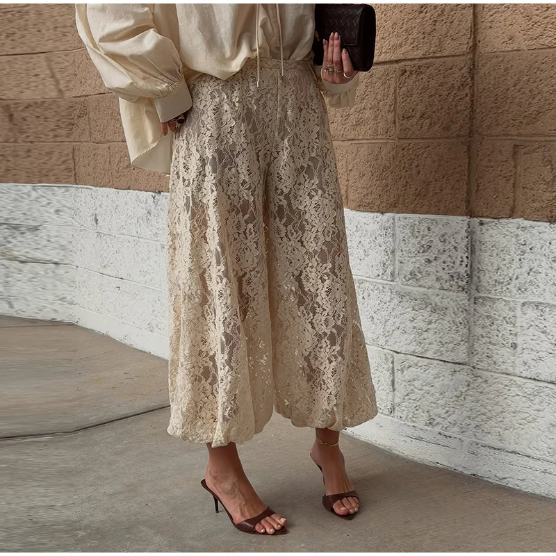Chic Lace Long Trousers Women French Romantic Floral Sheer Wide Leg Pants Female Casual Spring Summer Jogger Pant Lady 2026