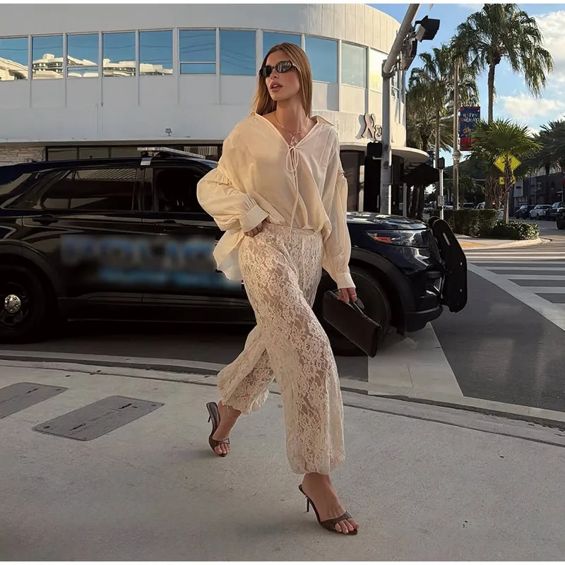 Chic Lace Long Trousers Women French Romantic Floral Sheer Wide Leg Pants Female Casual Spring Summer Jogger Pant Lady 2026