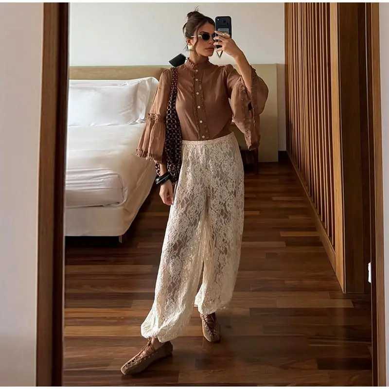 Chic Lace Long Trousers Women French Romantic Floral Sheer Wide Leg Pants Female Casual Spring Summer Jogger Pant Lady 2026