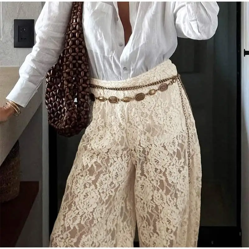 Chic Lace Long Trousers Women French Romantic Floral Sheer Wide Leg Pants Female Casual Spring Summer Jogger Pant Lady 2026