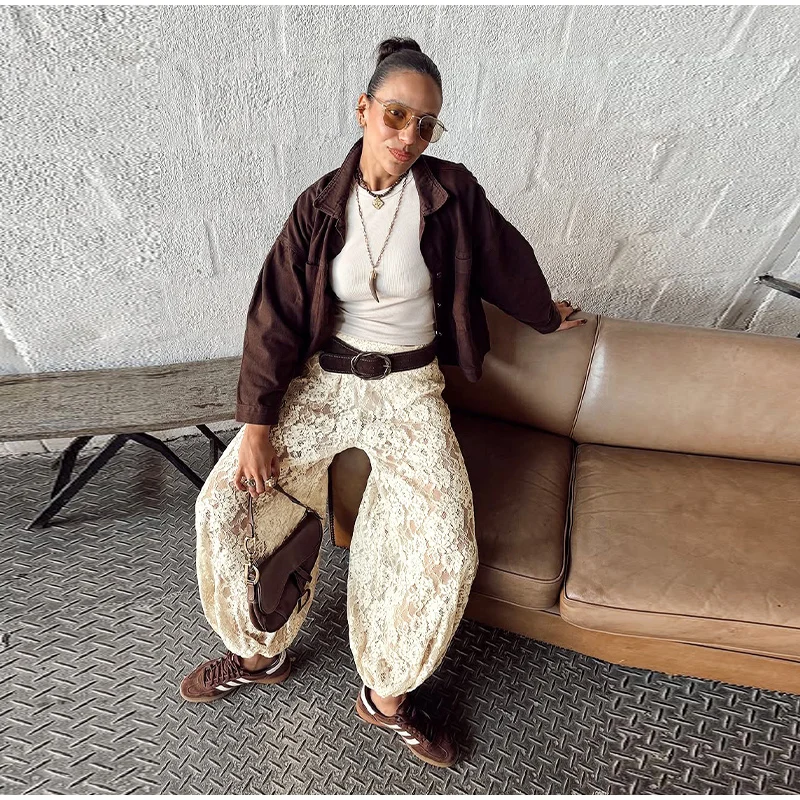 Chic Lace Long Trousers Women French Romantic Floral Sheer Wide Leg Pants Female Casual Spring Summer Jogger Pant Lady 2026