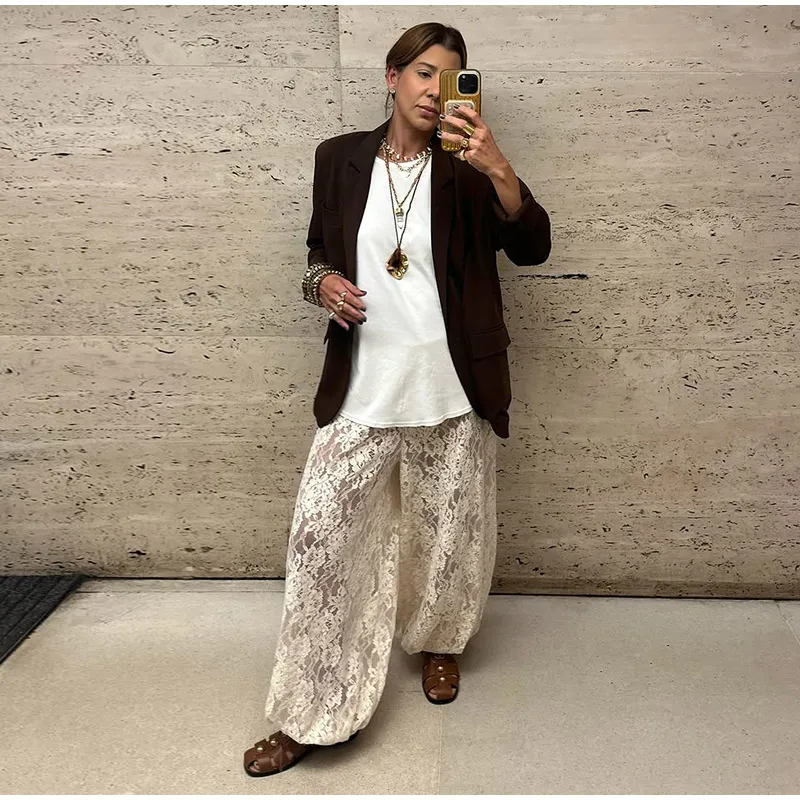 Chic Lace Long Trousers Women French Romantic Floral Sheer Wide Leg Pants Female Casual Spring Summer Jogger Pant Lady 2026