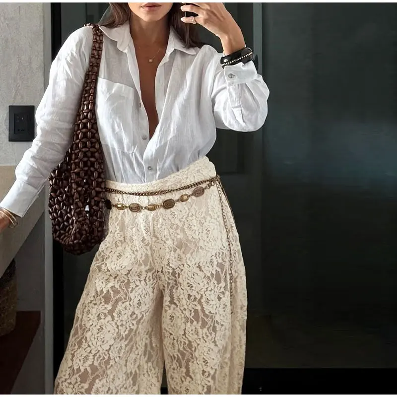 Chic Lace Long Trousers Women French Romantic Floral Sheer Wide Leg Pants Female Casual Spring Summer Jogger Pant Lady 2026