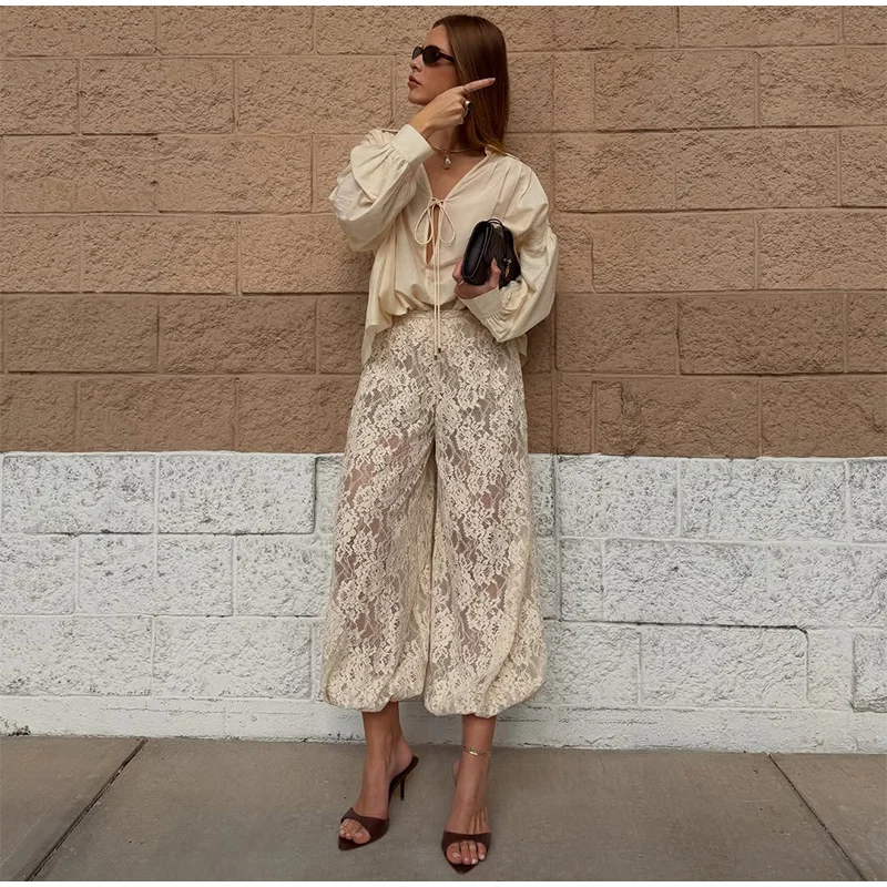 Chic Lace Long Trousers Women French Romantic Floral Sheer Wide Leg Pants Female Casual Spring Summer Jogger Pant Lady 2026
