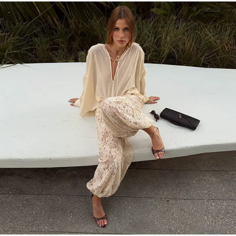 Chic Lace Long Trousers Women French Romantic Floral Sheer Wide Leg Pants Female Casual Spring Summer Jogger Pant Lady 2026