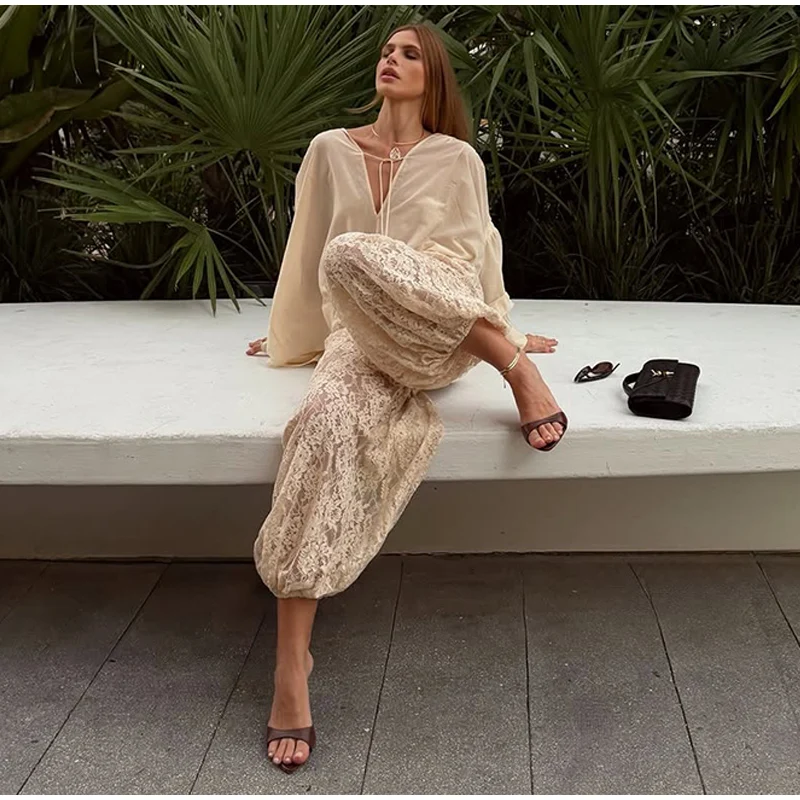 Chic Lace Long Trousers Women French Romantic Floral Sheer Wide Leg Pants Female Casual Spring Summer Jogger Pant Lady 2026