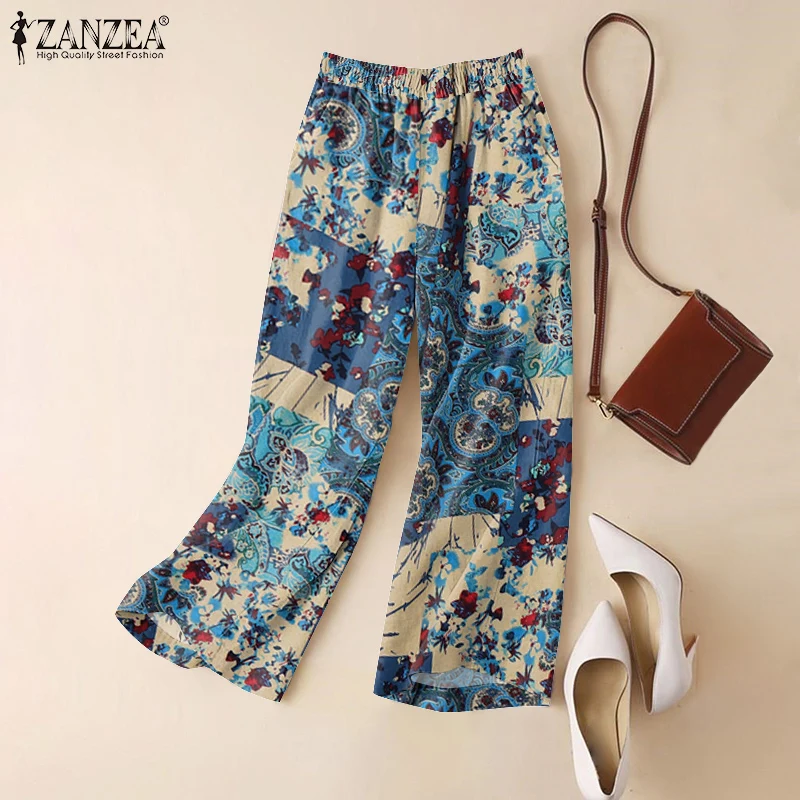 ZANZEA Woman Casual Wide Leg Pants Vintage Floral Paisley Printed Elastic Waist Trousers 2025 Spring Breathable Cotton Pantalon