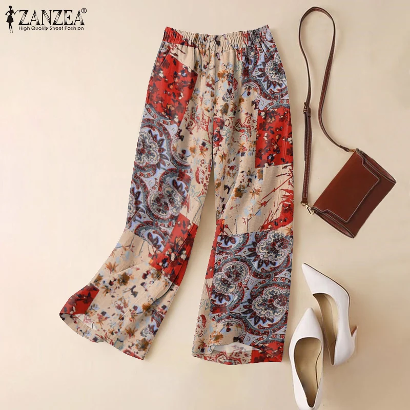 ZANZEA Woman Casual Wide Leg Pants Vintage Floral Paisley Printed Elastic Waist Trousers 2025 Spring Breathable Cotton Pantalon