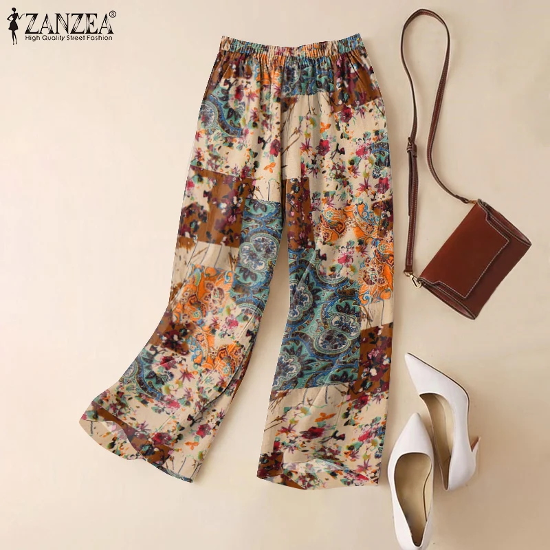 ZANZEA Woman Casual Wide Leg Pants Vintage Floral Paisley Printed Elastic Waist Trousers 2025 Spring Breathable Cotton Pantalon