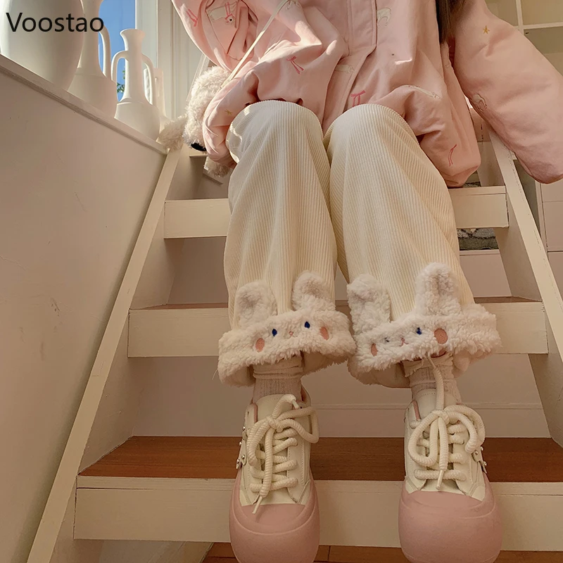 Autumn Winter Japanese Sweet Lolita Kawaii High Waist Corduroy Pants Warm Wide Leg Pants Y2k Cartoon Casual Loose Cute Trousers