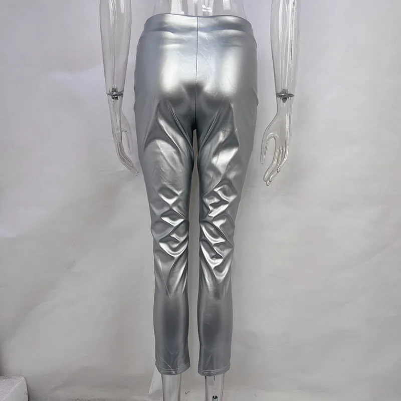 Shestyle PU Leather Zipper Fly Pencil Pants Women Skinny Elegance High Waist Sexy Athleisure Hipster Slim Trousers Silver Hot