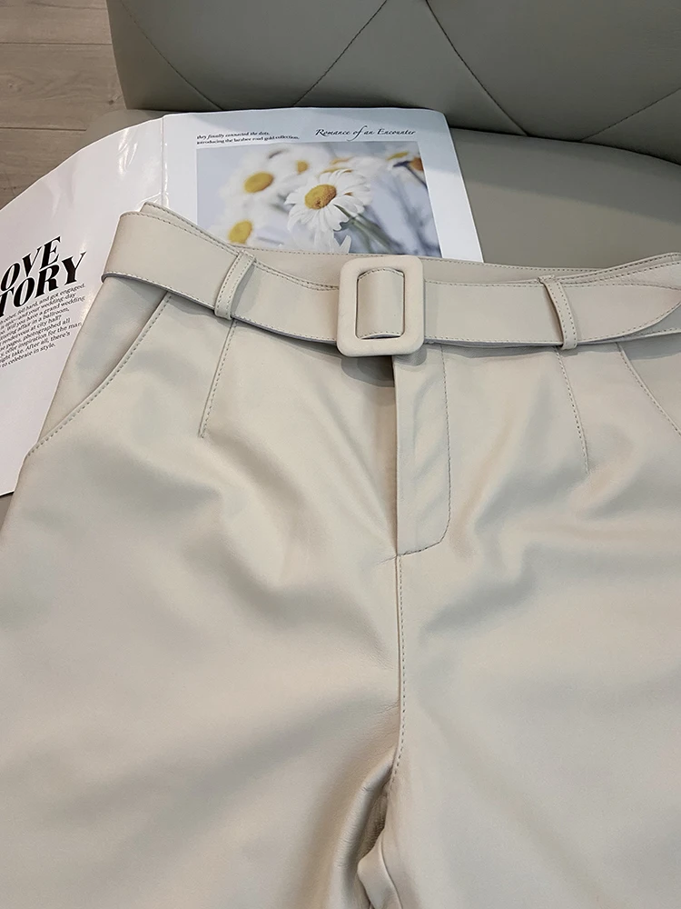 Trousers Women 2026 Korean Style Genuine Leather High Waist Pants Women Pencil Pants Ladies With Belt Office Ladies