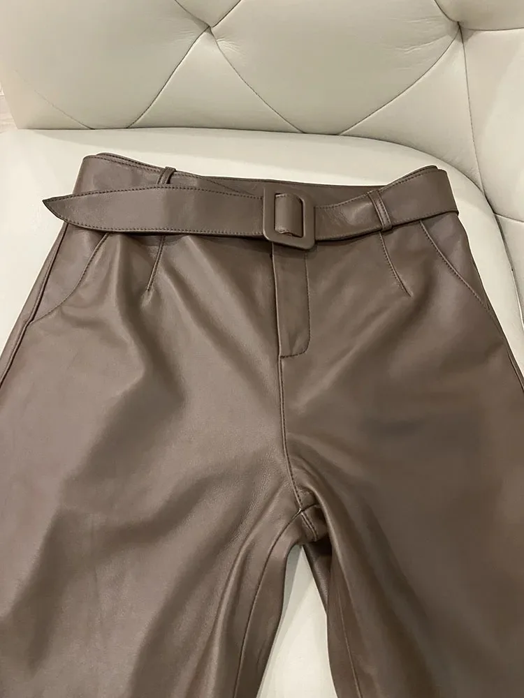 Trousers Women 2026 Korean Style Genuine Leather High Waist Pants Women Pencil Pants Ladies With Belt Office Ladies