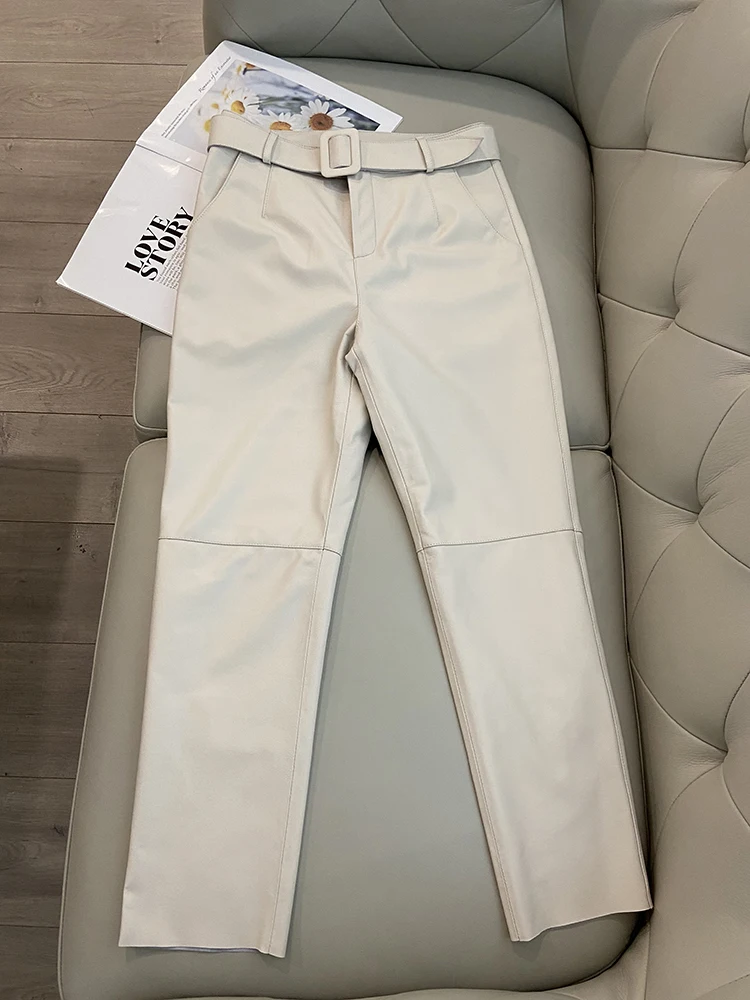 Trousers Women 2026 Korean Style Genuine Leather High Waist Pants Women Pencil Pants Ladies With Belt Office Ladies