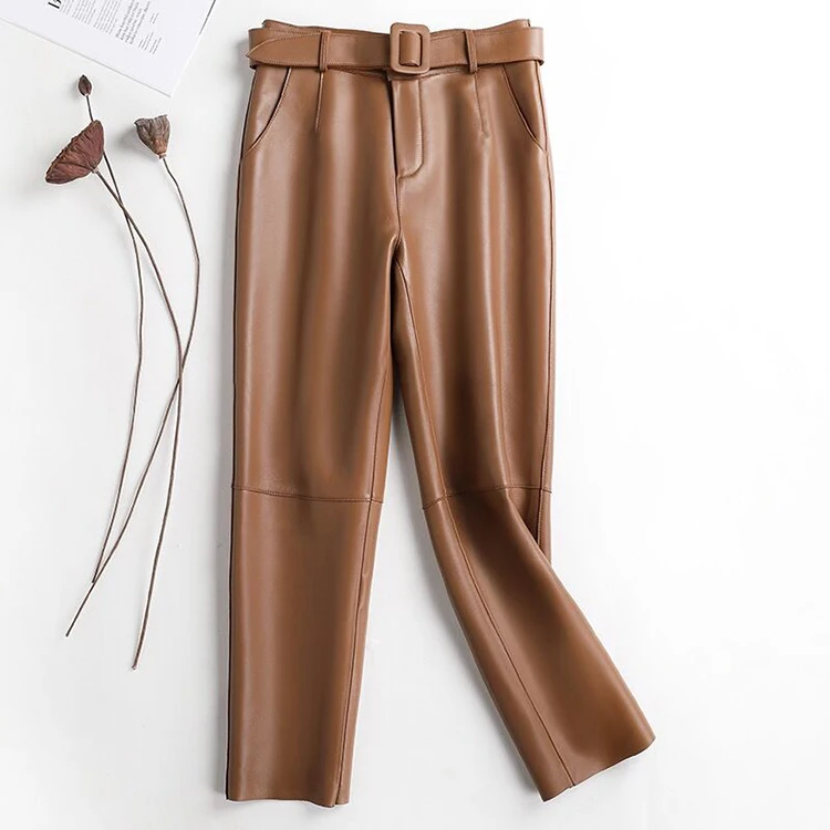Trousers Women 2026 Korean Style Genuine Leather High Waist Pants Women Pencil Pants Ladies With Belt Office Ladies