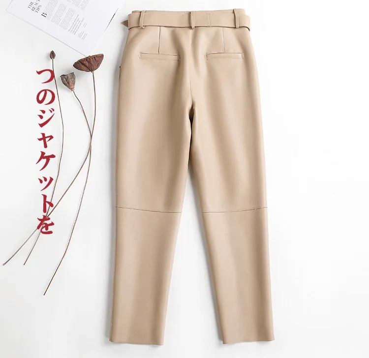 Trousers Women 2026 Korean Style Genuine Leather High Waist Pants Women Pencil Pants Ladies With Belt Office Ladies