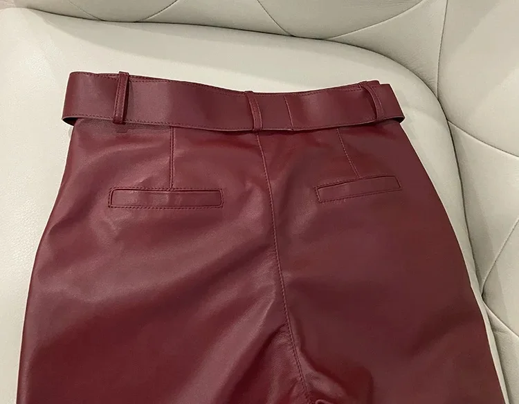 Trousers Women 2026 Korean Style Genuine Leather High Waist Pants Women Pencil Pants Ladies With Belt Office Ladies