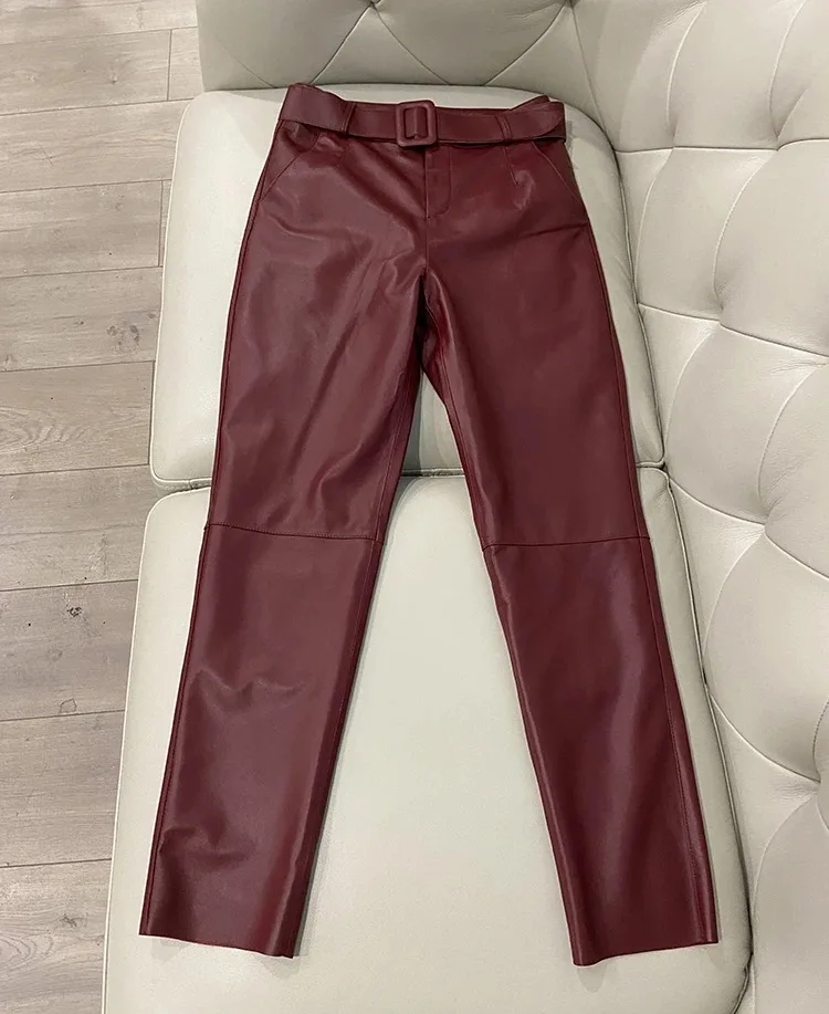 Trousers Women 2026 Korean Style Genuine Leather High Waist Pants Women Pencil Pants Ladies With Belt Office Ladies