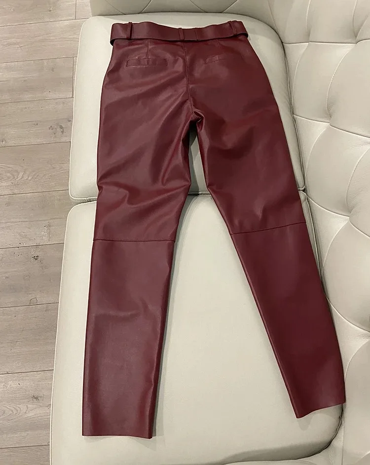 Trousers Women 2026 Korean Style Genuine Leather High Waist Pants Women Pencil Pants Ladies With Belt Office Ladies