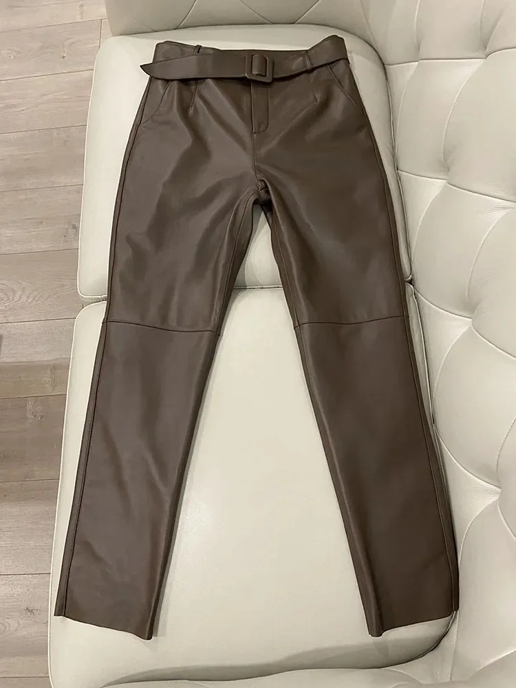 Trousers Women 2026 Korean Style Genuine Leather High Waist Pants Women Pencil Pants Ladies With Belt Office Ladies