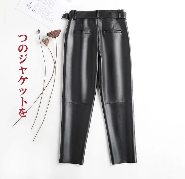 Trousers Women 2026 Korean Style Genuine Leather High Waist Pants Women Pencil Pants Ladies With Belt Office Ladies