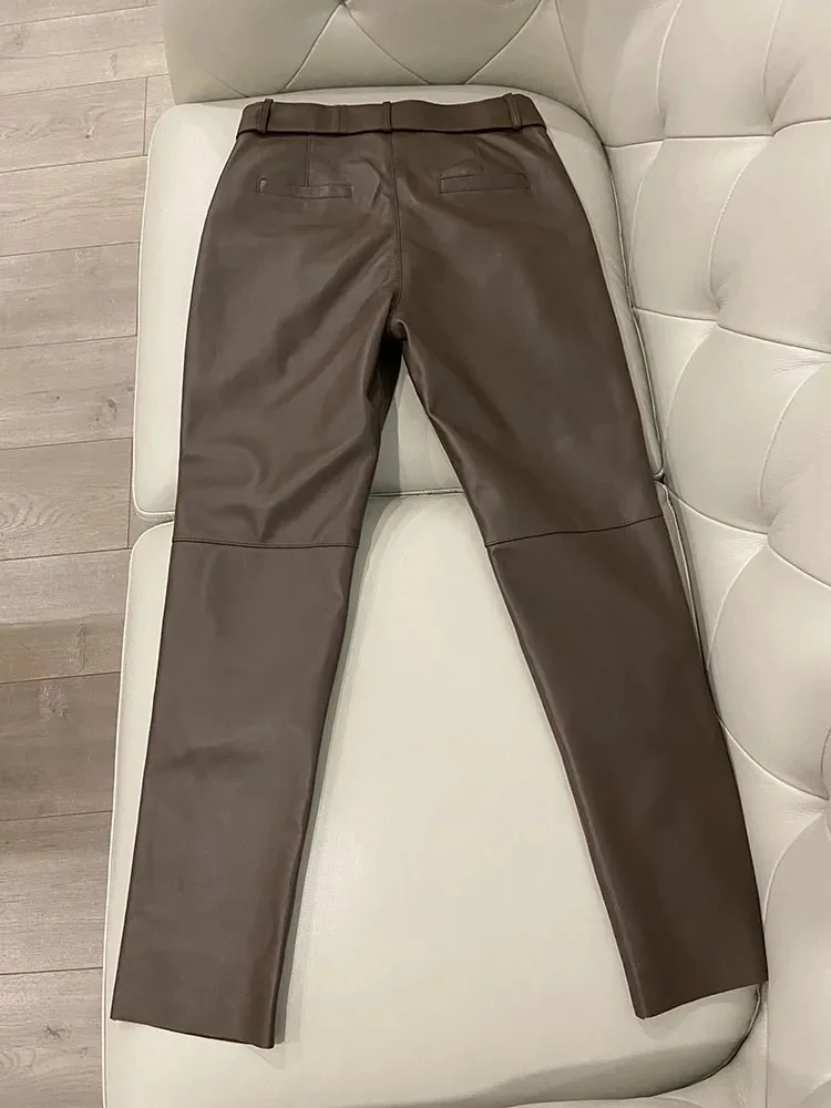 Trousers Women 2026 Korean Style Genuine Leather High Waist Pants Women Pencil Pants Ladies With Belt Office Ladies