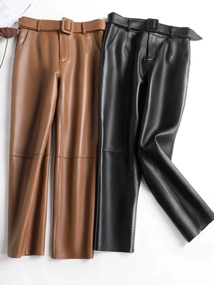 Trousers Women 2026 Korean Style Genuine Leather High Waist Pants Women Pencil Pants Ladies With Belt Office Ladies