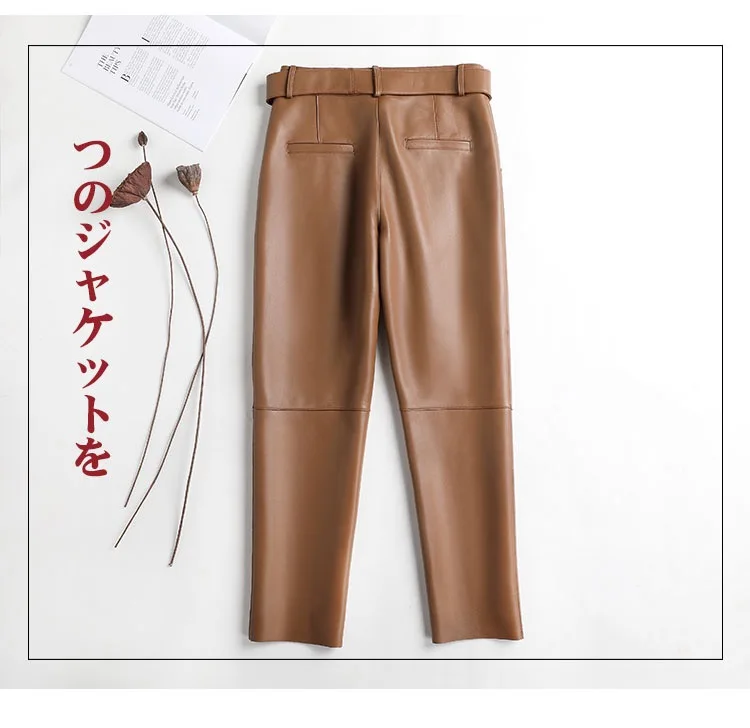 Trousers Women 2026 Korean Style Genuine Leather High Waist Pants Women Pencil Pants Ladies With Belt Office Ladies