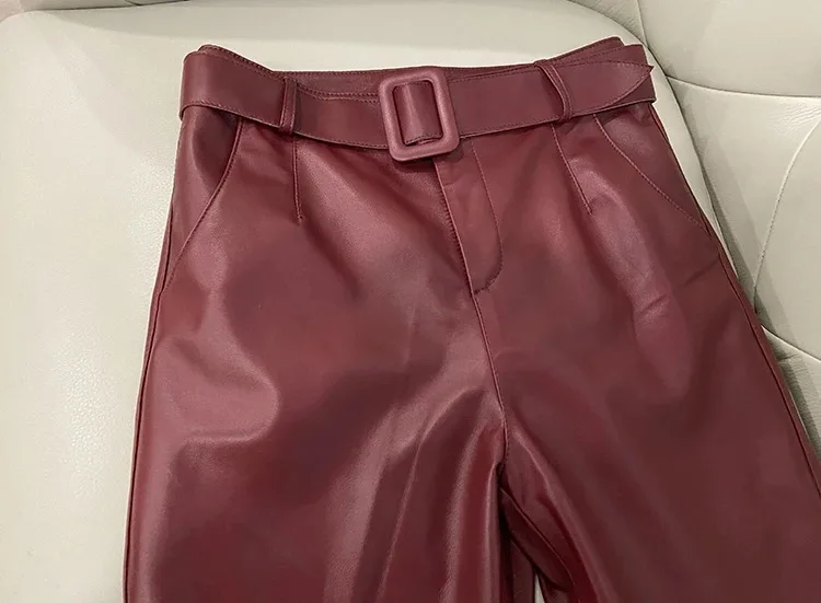 Trousers Women 2026 Korean Style Genuine Leather High Waist Pants Women Pencil Pants Ladies With Belt Office Ladies