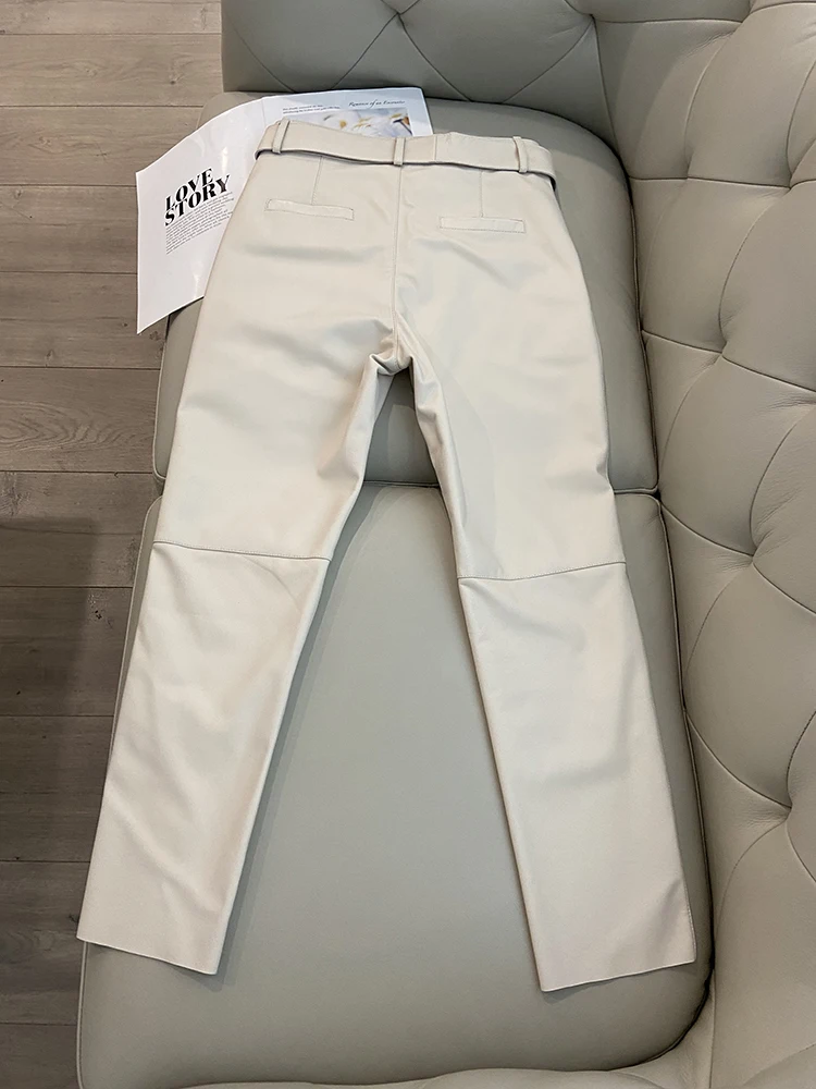 Trousers Women 2026 Korean Style Genuine Leather High Waist Pants Women Pencil Pants Ladies With Belt Office Ladies