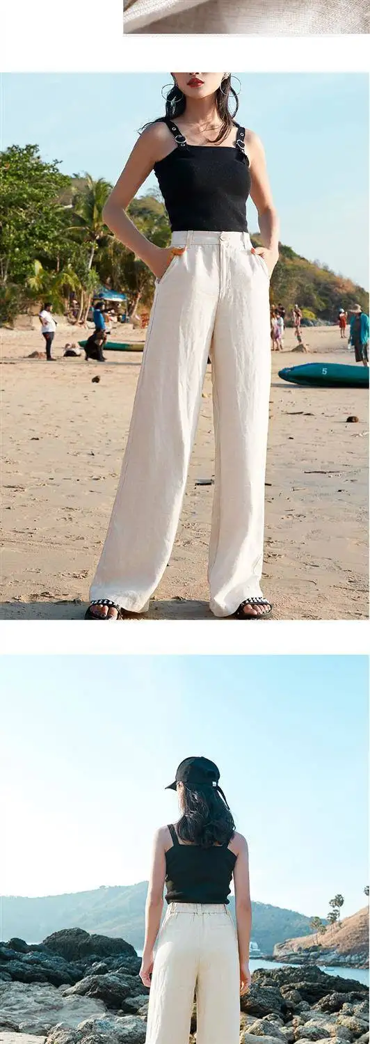 Women's Pants Summer Cotton Linen Wide Leg Pants Full Length Casual Solid White Loose High Waist Straight Trousers Women