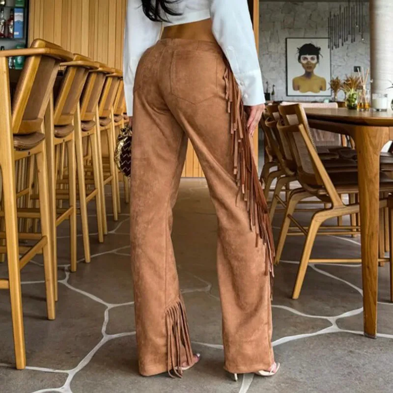 Vintage Solid Fringed Bell Bottom Pants Women Velevet Lace Up Front Tassel Flared Pants Holiday Clubwear Party Wide Leg Trousers