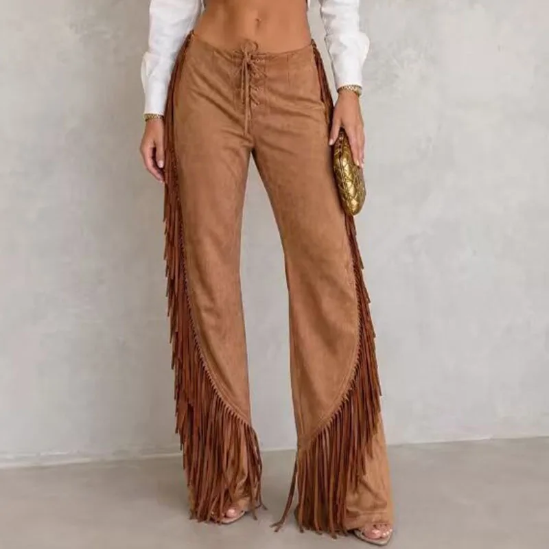Vintage Solid Fringed Bell Bottom Pants Women Velevet Lace Up Front Tassel Flared Pants Holiday Clubwear Party Wide Leg Trousers