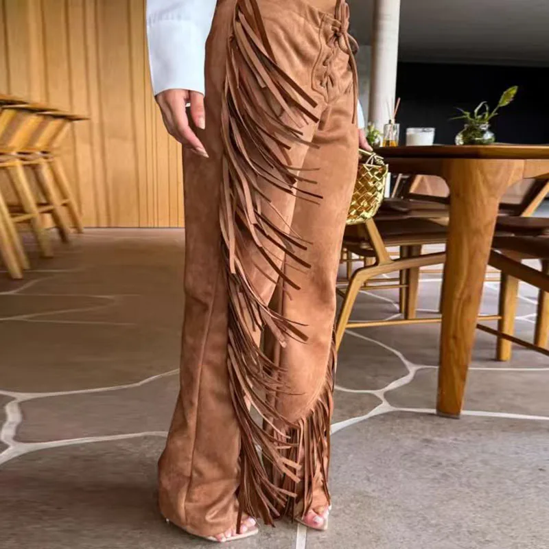 Vintage Solid Fringed Bell Bottom Pants Women Velevet Lace Up Front Tassel Flared Pants Holiday Clubwear Party Wide Leg Trousers