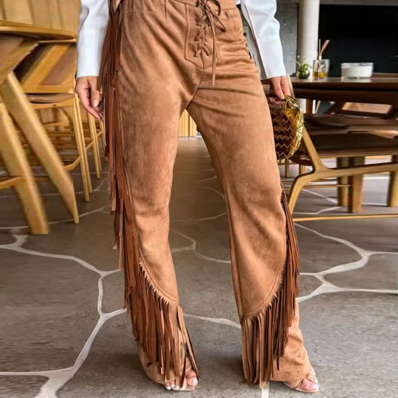 Vintage Solid Fringed Bell Bottom Pants Women Velevet Lace Up Front Tassel Flared Pants Holiday Clubwear Party Wide Leg Trousers