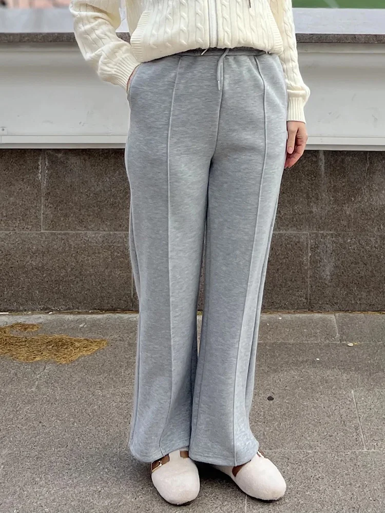 Streamgirl Thick Warm Straight Pants For Women Office Brown Wide Leg Trousers High Waist Women's Loose Pants For Ladies Spring