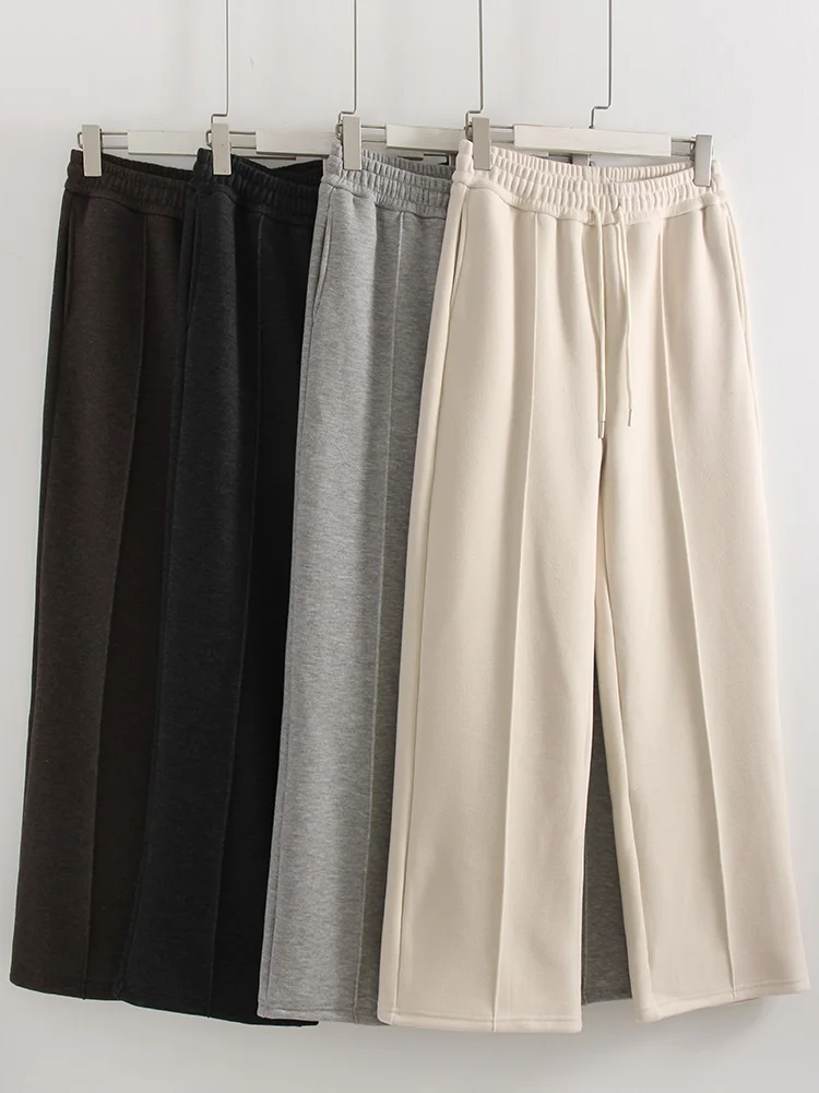 Streamgirl Thick Warm Straight Pants For Women Office Brown Wide Leg Trousers High Waist Women's Loose Pants For Ladies Spring