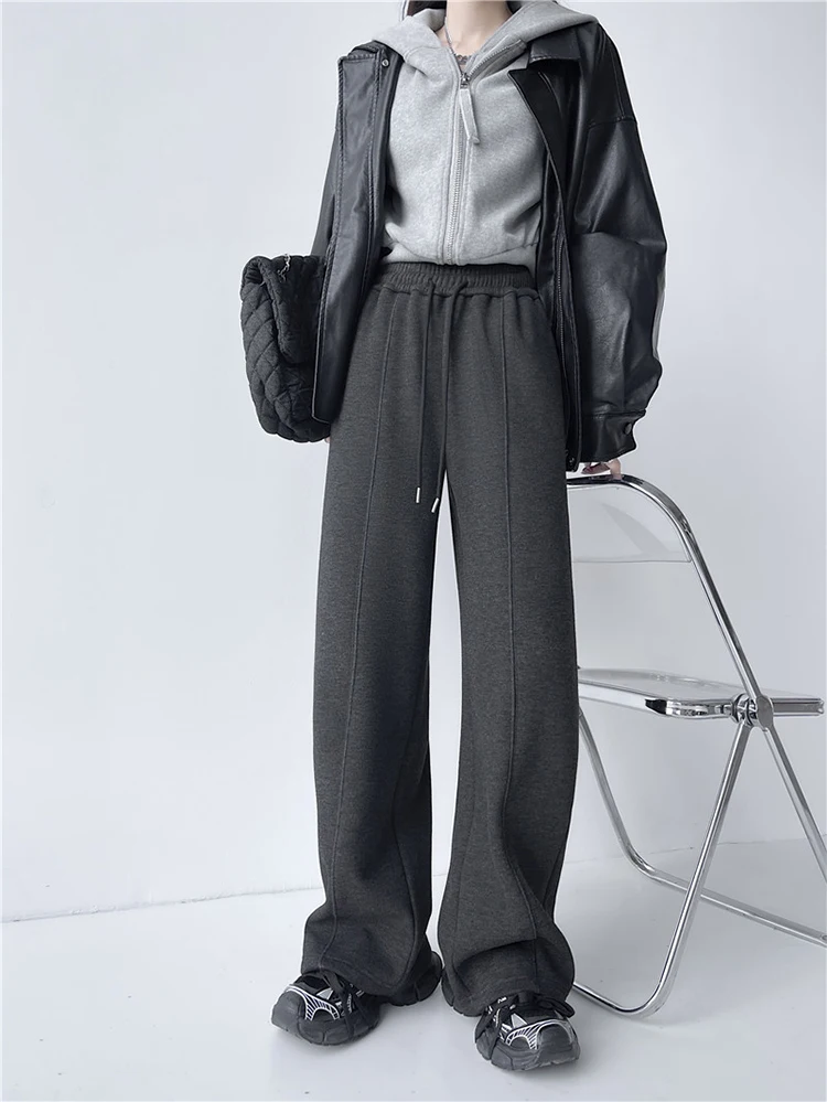Streamgirl Thick Warm Straight Pants For Women Office Brown Wide Leg Trousers High Waist Women's Loose Pants For Ladies Spring