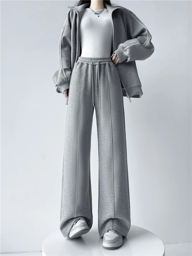Streamgirl Thick Warm Straight Pants For Women Office Brown Wide Leg Trousers High Waist Women's Loose Pants For Ladies Spring