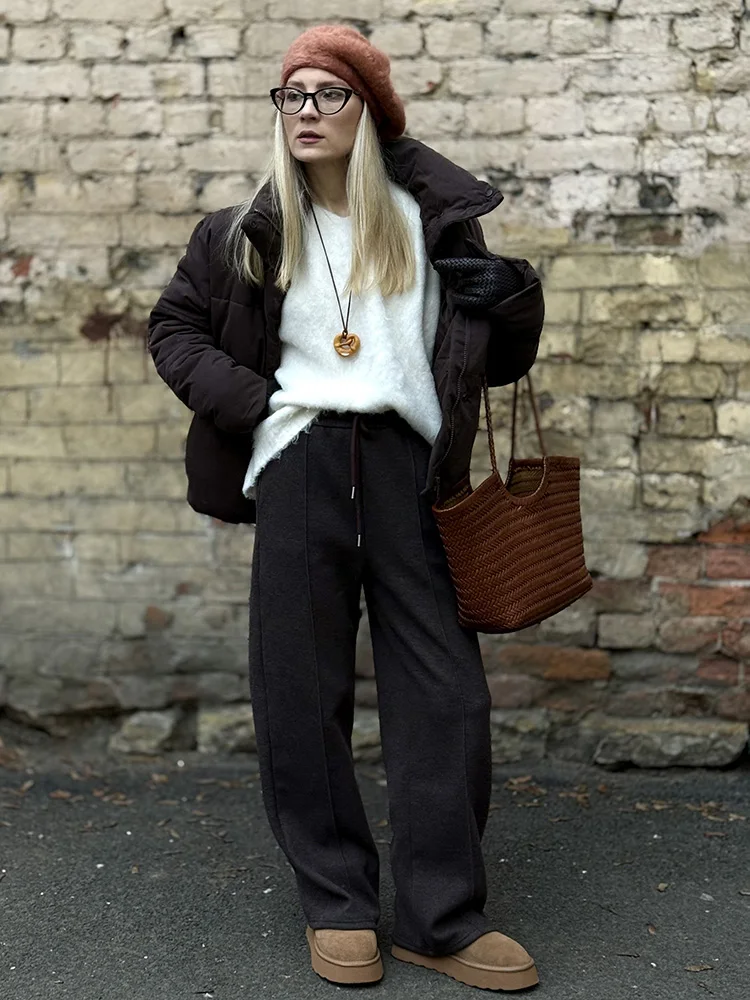 Streamgirl Thick Warm Straight Pants For Women Office Brown Wide Leg Trousers High Waist Women's Loose Pants For Ladies Spring