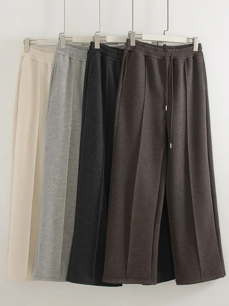 Streamgirl Thick Warm Straight Pants For Women Office Brown Wide Leg Trousers High Waist Women's Loose Pants For Ladies Spring