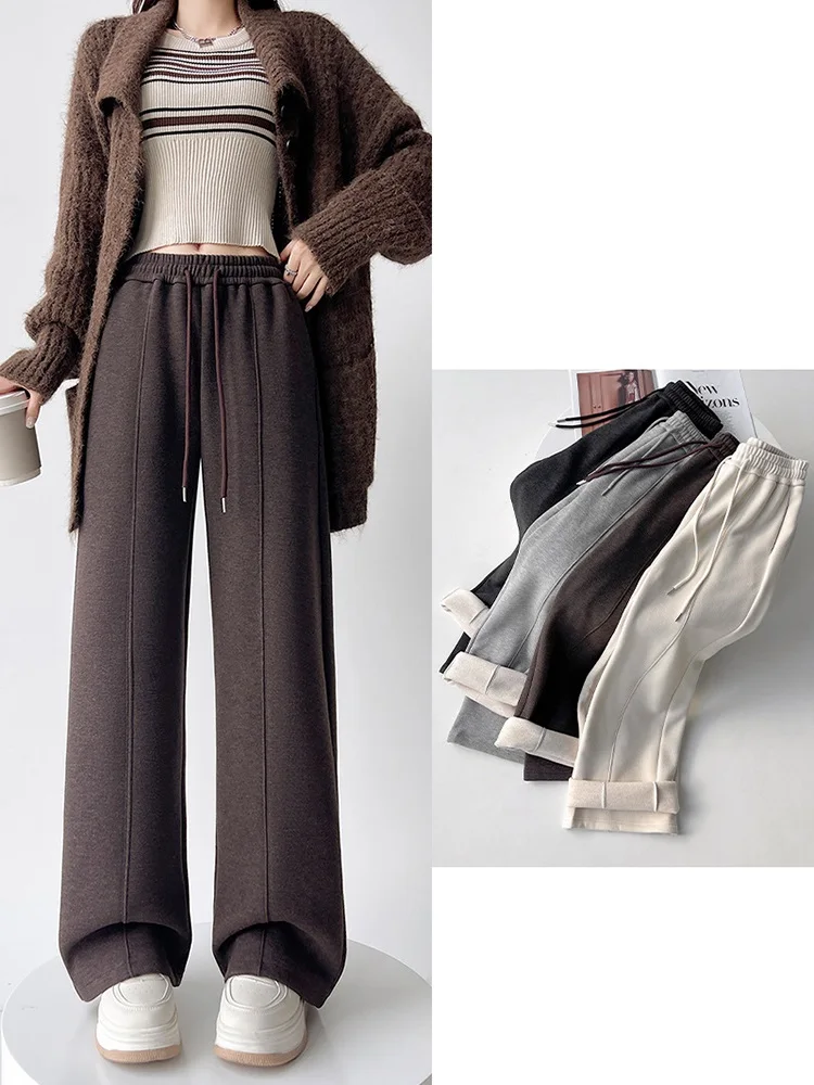 Streamgirl Thick Warm Straight Pants For Women Office Brown Wide Leg Trousers High Waist Women's Loose Pants For Ladies Spring