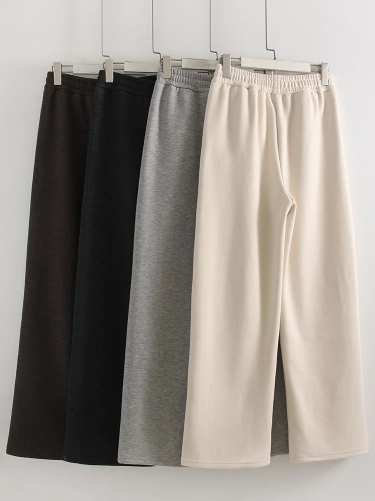 Streamgirl Thick Warm Straight Pants For Women Office Brown Wide Leg Trousers High Waist Women's Loose Pants For Ladies Spring