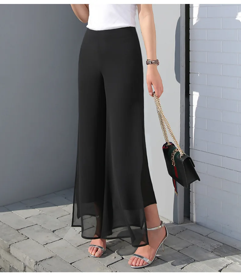2024 Chiffon Culottes High-Waisted Trousers L Skirt Gauze Loose Shuai Ku Straight Casual Pants Slit Wide Leg Pants Female