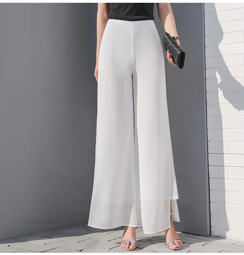 2024 Chiffon Culottes High-Waisted Trousers L Skirt Gauze Loose Shuai Ku Straight Casual Pants Slit Wide Leg Pants Female