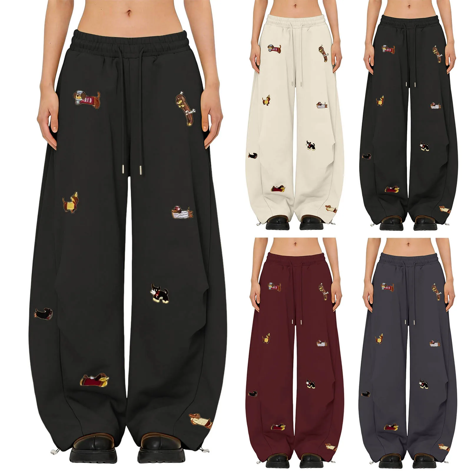 High Street Embroidered Sausage Dog Pants Y2k Women's Harajuku Loose Straight Leg Comfort Sweatpants Female Jogging Long Pants