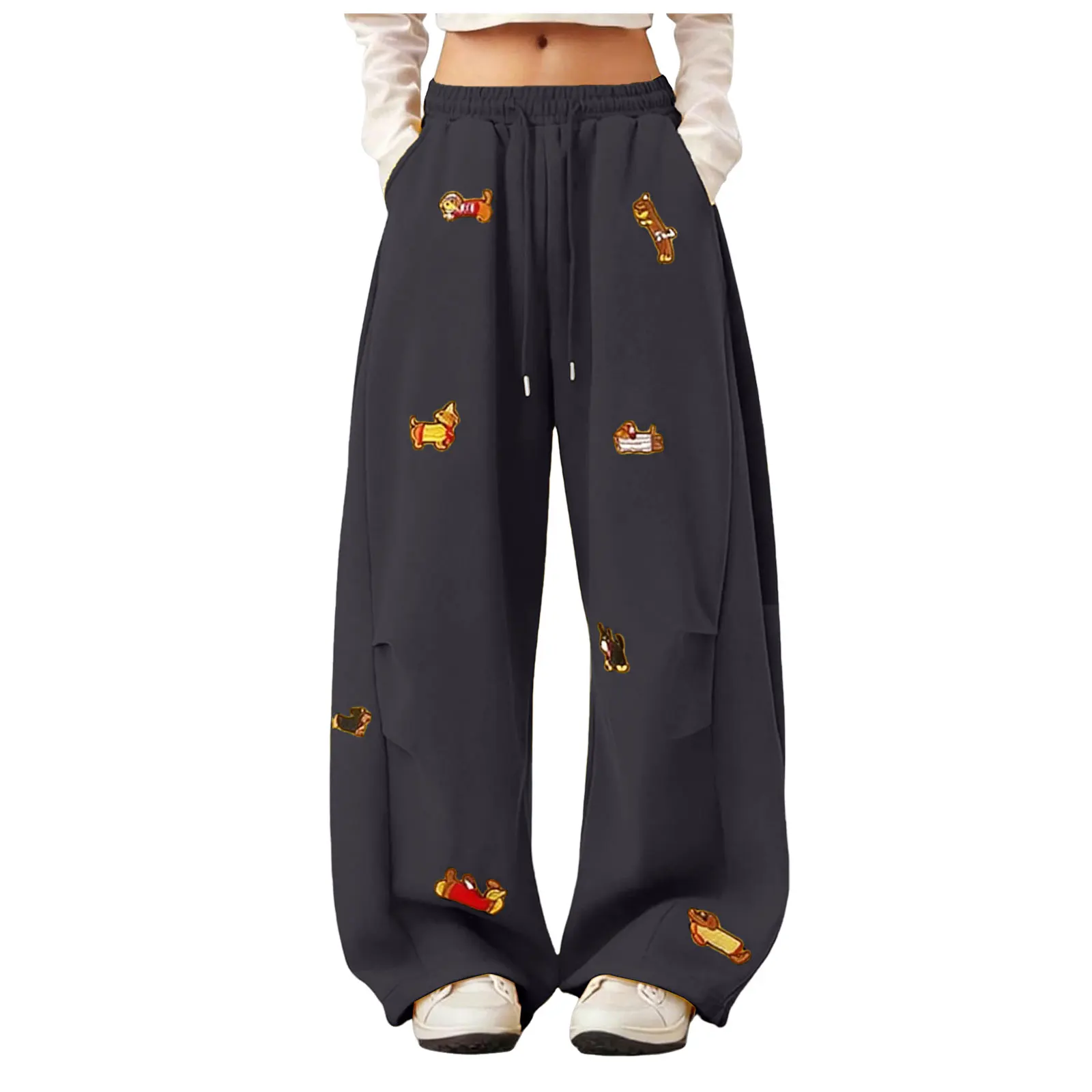 High Street Embroidered Sausage Dog Pants Y2k Women's Harajuku Loose Straight Leg Comfort Sweatpants Female Jogging Long Pants